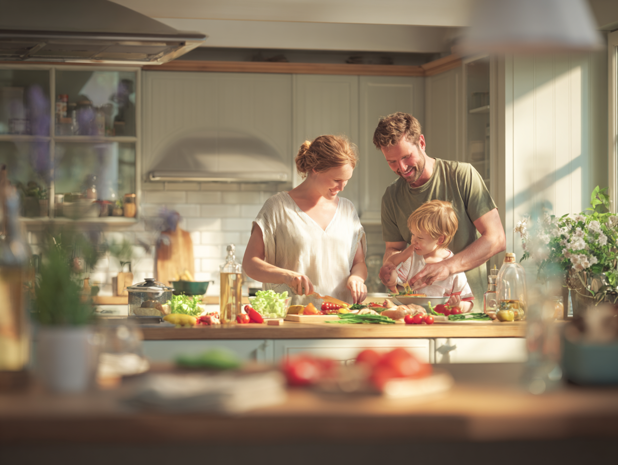Familie tânără gătind împreună mâncare sănătoasă